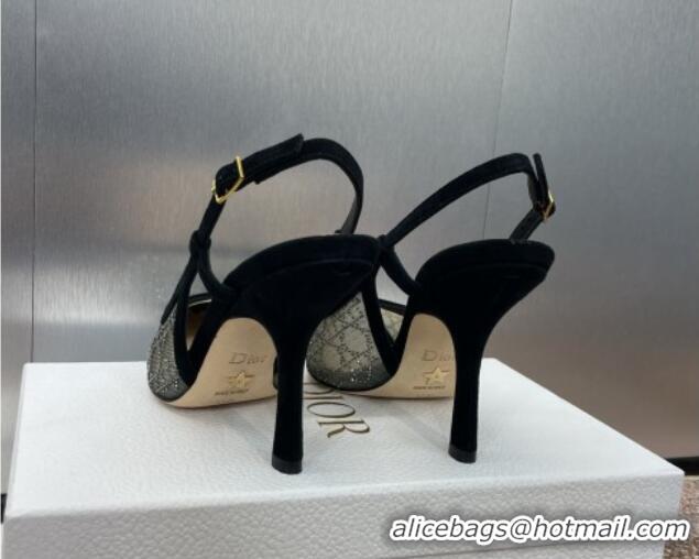 Low Price Dior Capture Slingback Pumps 9.5cm in Transparent Mesh with Silver-Tone Strass Cannage Motif and Black Suede 1