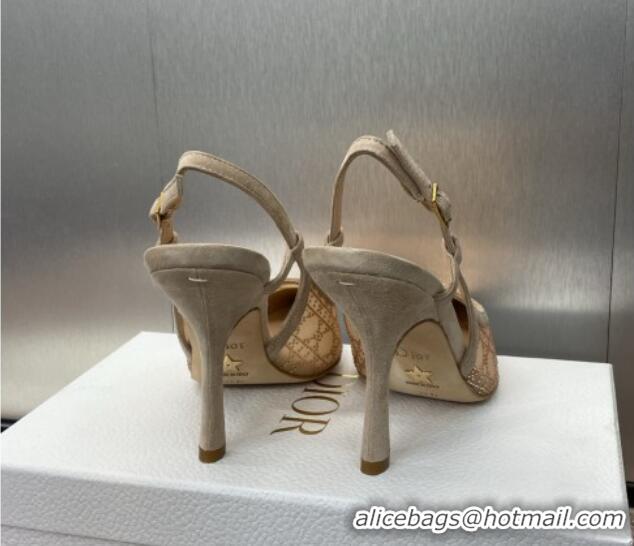 Big Discount Dior Capture Slingback Pumps 9.5cm in Transparent Mesh with Gold-Tone Strass Cannage Motif and Beige Suede 