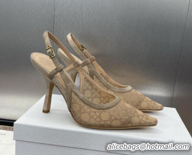 Big Discount Dior Capture Slingback Pumps 9.5cm in Transparent Mesh with Gold-Tone Strass Cannage Motif and Beige Suede 