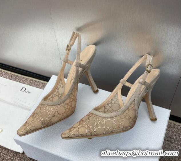 Big Discount Dior Capture Slingback Pumps 9.5cm in Transparent Mesh with Gold-Tone Strass Cannage Motif and Beige Suede 