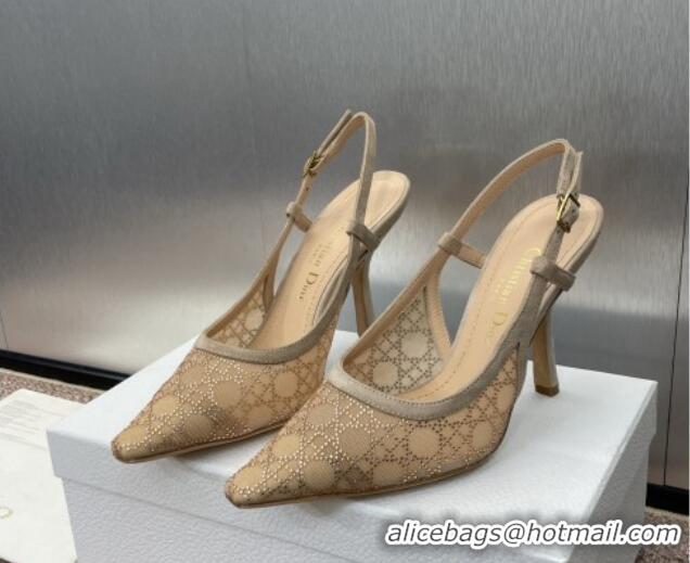 Big Discount Dior Capture Slingback Pumps 9.5cm in Transparent Mesh with Gold-Tone Strass Cannage Motif and Beige Suede 