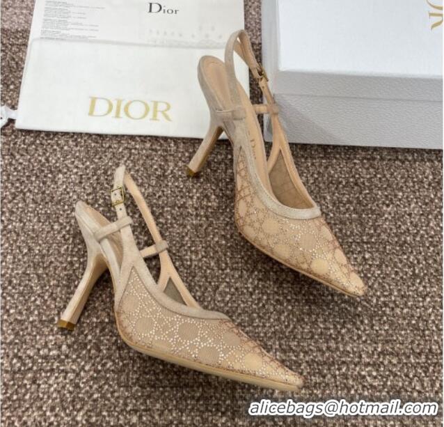 Big Discount Dior Capture Slingback Pumps 9.5cm in Transparent Mesh with Gold-Tone Strass Cannage Motif and Beige Suede 