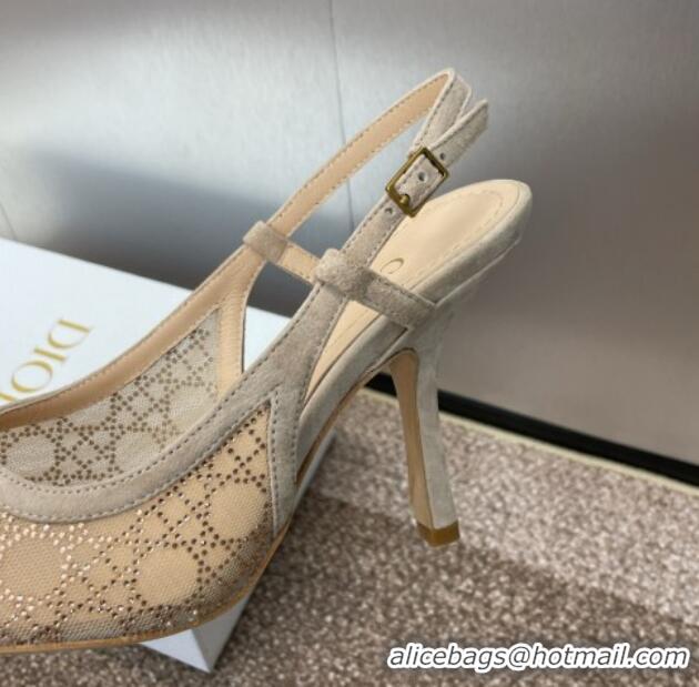 Big Discount Dior Capture Slingback Pumps 9.5cm in Transparent Mesh with Gold-Tone Strass Cannage Motif and Beige Suede 