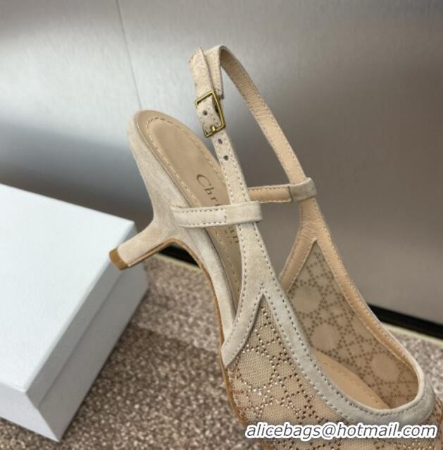 Sophisticated Dior Capture Slingback Pumps 6.5cm in Transparent Mesh with Gold-Tone Strass Cannage Motif and Beige Suede