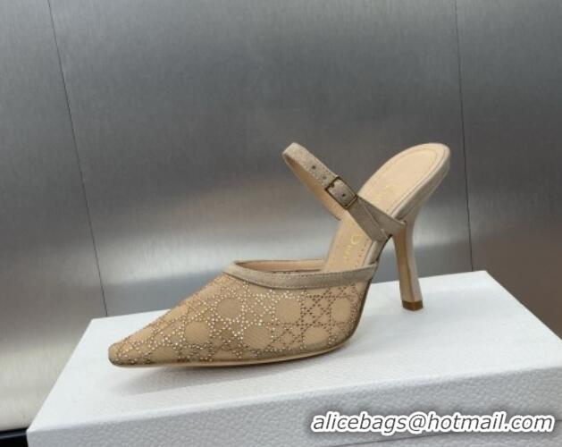 Hot Style Dior Capture Heeled Mules 9.5cm in Transparent Mesh with Gold-Tone Strass Cannage Motif and Beige Suede 123105