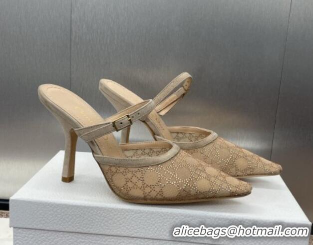 Hot Style Dior Capture Heeled Mules 9.5cm in Transparent Mesh with Gold-Tone Strass Cannage Motif and Beige Suede 123105