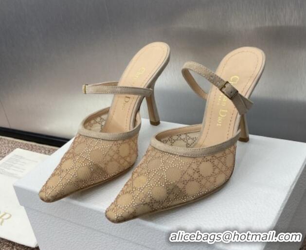 Hot Style Dior Capture Heeled Mules 9.5cm in Transparent Mesh with Gold-Tone Strass Cannage Motif and Beige Suede 123105