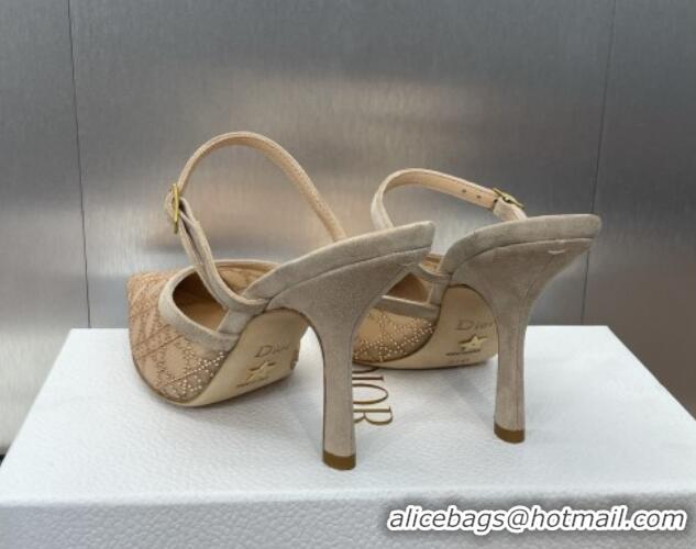 Hot Style Dior Capture Heeled Mules 9.5cm in Transparent Mesh with Gold-Tone Strass Cannage Motif and Beige Suede 123105