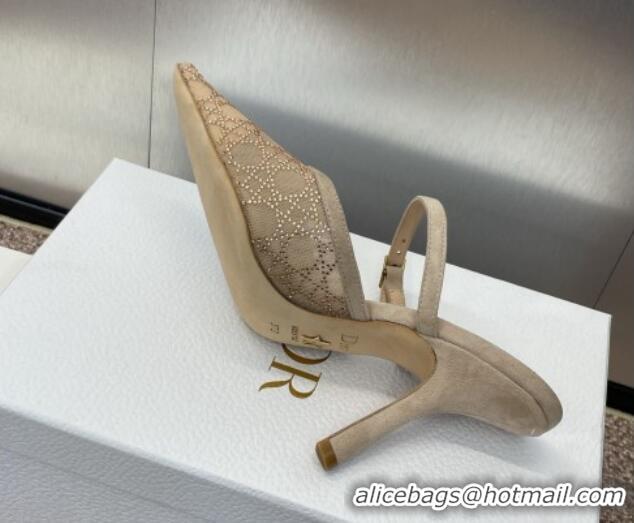 Hot Style Dior Capture Heeled Mules 9.5cm in Transparent Mesh with Gold-Tone Strass Cannage Motif and Beige Suede 123105