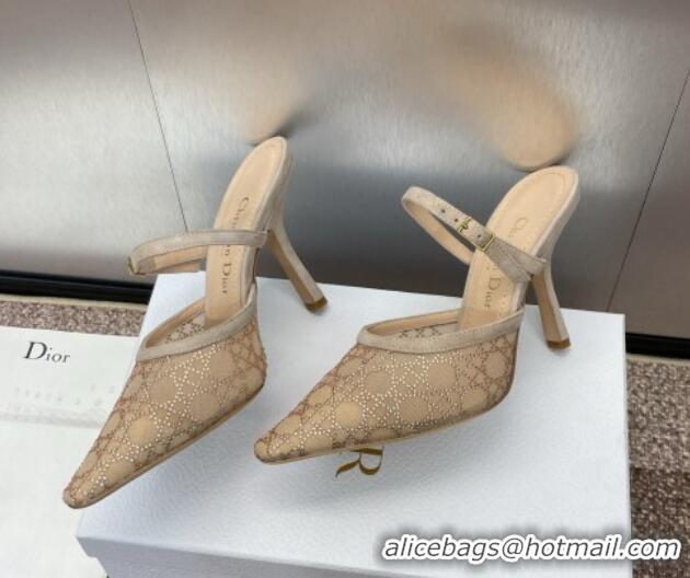 Hot Style Dior Capture Heeled Mules 9.5cm in Transparent Mesh with Gold-Tone Strass Cannage Motif and Beige Suede 123105