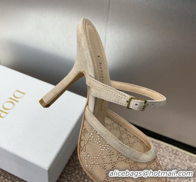 Hot Style Dior Capture Heeled Mules 9.5cm in Transparent Mesh with Gold-Tone Strass Cannage Motif and Beige Suede 123105