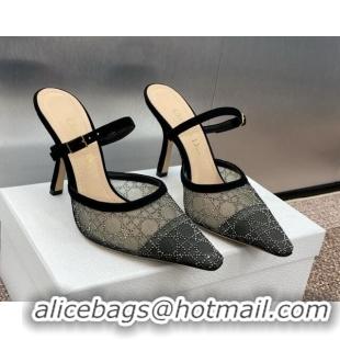 Good Product Dior Capture Heeled Mules 9.5cm in Transparent Mesh with Silver-Tone Strass Cannage Motif and Black Suede 1