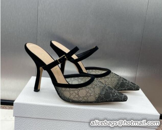 Good Product Dior Capture Heeled Mules 9.5cm in Transparent Mesh with Silver-Tone Strass Cannage Motif and Black Suede 1