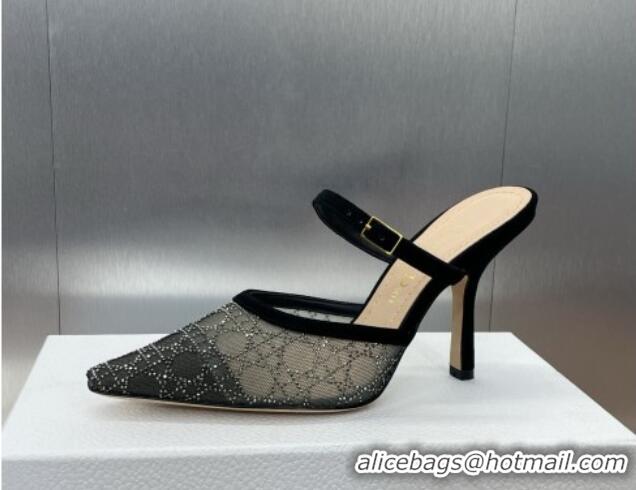 Good Product Dior Capture Heeled Mules 9.5cm in Transparent Mesh with Silver-Tone Strass Cannage Motif and Black Suede 1