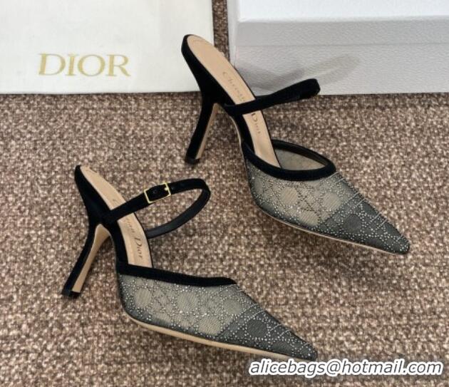 Good Product Dior Capture Heeled Mules 9.5cm in Transparent Mesh with Silver-Tone Strass Cannage Motif and Black Suede 1