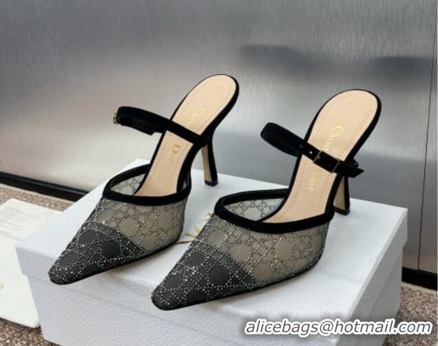 Good Product Dior Capture Heeled Mules 9.5cm in Transparent Mesh with Silver-Tone Strass Cannage Motif and Black Suede 1