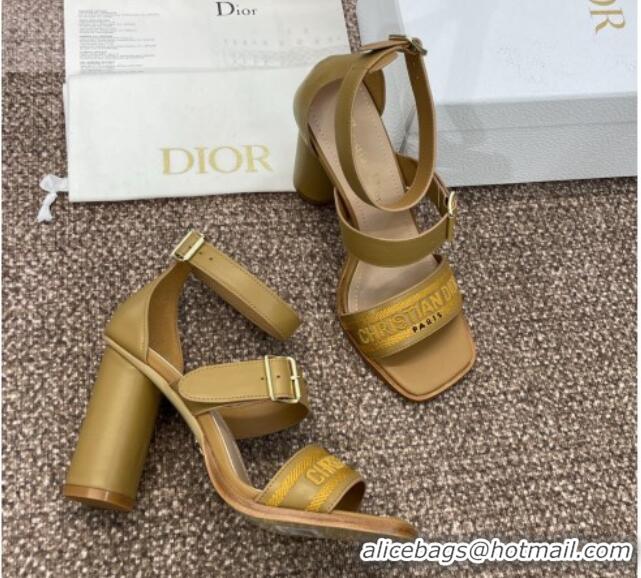 Shop Duplicate Dior Dway Heeled Sandals 9.5cm in Brown Calfskin and Embroidered Cotton Brown 1231057