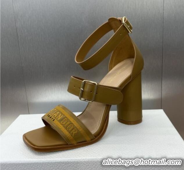 Shop Duplicate Dior Dway Heeled Sandals 9.5cm in Brown Calfskin and Embroidered Cotton Brown 1231057