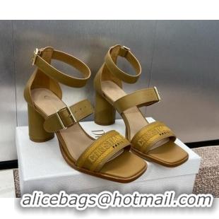 Top Grade Dior Dway Heeled Sandals 7.5cm in Brown Calfskin and Embroidered Cotton 1231058