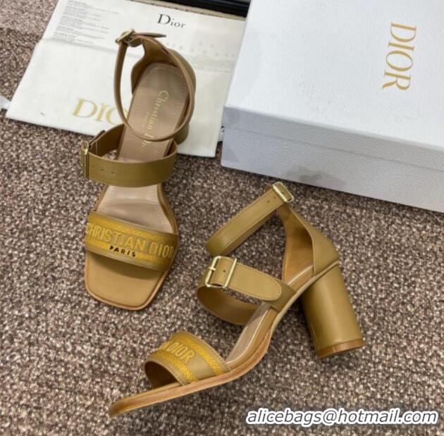 Top Grade Dior Dway Heeled Sandals 7.5cm in Brown Calfskin and Embroidered Cotton 1231058