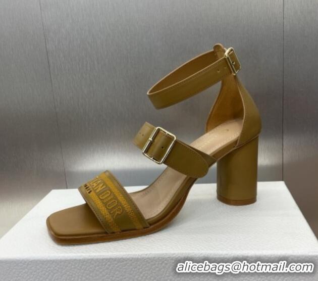 Top Grade Dior Dway Heeled Sandals 7.5cm in Brown Calfskin and Embroidered Cotton 1231058