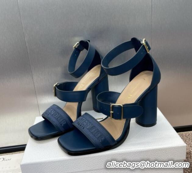 Popular Style Dior Dway Heeled Sandals 9.5cm in Blue Calfskin and Embroidered Cotton 1231059