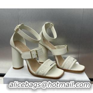 Stylish Dior Dway Heeled Sandals 9.5cm in White Calfskin and Embroidered Cotton 1231061