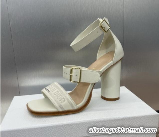 Stylish Dior Dway Heeled Sandals 9.5cm in White Calfskin and Embroidered Cotton 1231061