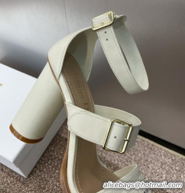 Stylish Dior Dway Heeled Sandals 9.5cm in White Calfskin and Embroidered Cotton 1231061