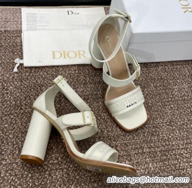 Stylish Dior Dway Heeled Sandals 9.5cm in White Calfskin and Embroidered Cotton 1231061