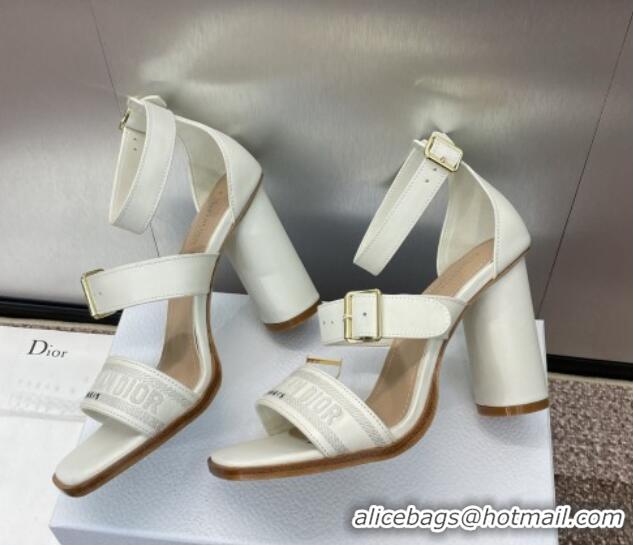 Stylish Dior Dway Heeled Sandals 9.5cm in White Calfskin and Embroidered Cotton 1231061