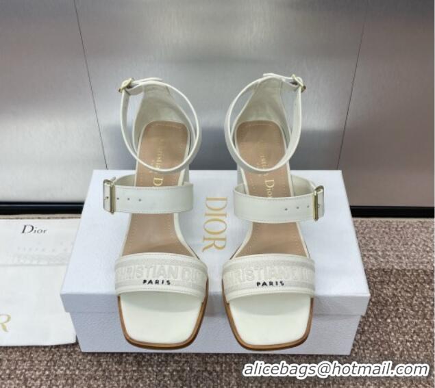 Good Looking Dior Dway Heeled Sandals 7.5cm in White Calfskin and Embroidered Cotton 1231062