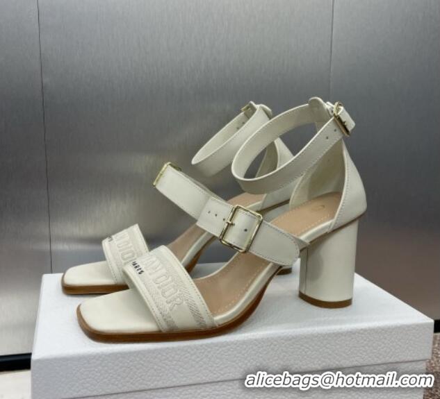 Good Looking Dior Dway Heeled Sandals 7.5cm in White Calfskin and Embroidered Cotton 1231062