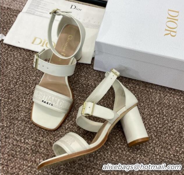 Good Looking Dior Dway Heeled Sandals 7.5cm in White Calfskin and Embroidered Cotton 1231062