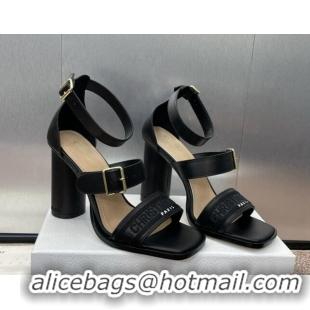 Luxury Discount Dior Dway Heeled Sandals 9.5cm in Black Calfskin and Embroidered Cotton 1231063