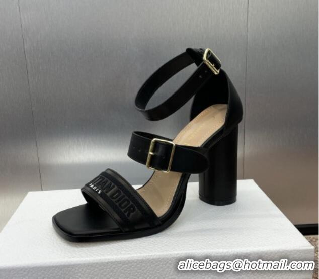 Luxury Discount Dior Dway Heeled Sandals 9.5cm in Black Calfskin and Embroidered Cotton 1231063