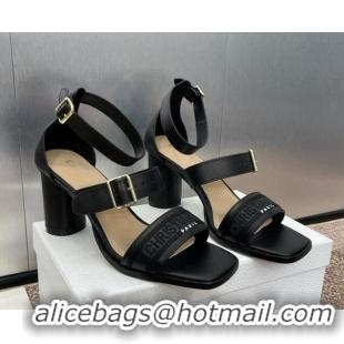 Stylish Dior Dway Heeled Sandals 7.5cm in Black Calfskin and Embroidered Cotton 1231064