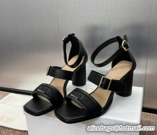 Stylish Dior Dway Heeled Sandals 7.5cm in Black Calfskin and Embroidered Cotton 1231064