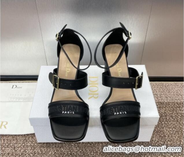 Stylish Dior Dway Heeled Sandals 7.5cm in Black Calfskin and Embroidered Cotton 1231064