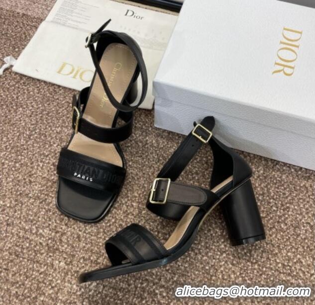 Stylish Dior Dway Heeled Sandals 7.5cm in Black Calfskin and Embroidered Cotton 1231064