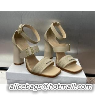 Good Quality Dior Dway Heeled Sandals 9.5cm in Beige Calfskin and Embroidered Cotton 1231065