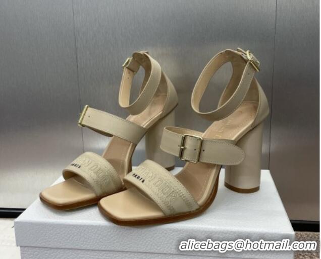 Good Quality Dior Dway Heeled Sandals 9.5cm in Beige Calfskin and Embroidered Cotton 1231065