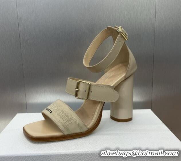 Good Quality Dior Dway Heeled Sandals 9.5cm in Beige Calfskin and Embroidered Cotton 1231065