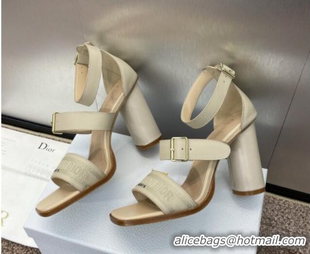 Good Quality Dior Dway Heeled Sandals 9.5cm in Beige Calfskin and Embroidered Cotton 1231065