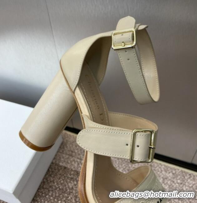 Good Quality Dior Dway Heeled Sandals 9.5cm in Beige Calfskin and Embroidered Cotton 1231065