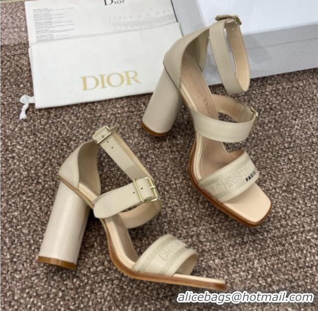 Good Quality Dior Dway Heeled Sandals 9.5cm in Beige Calfskin and Embroidered Cotton 1231065