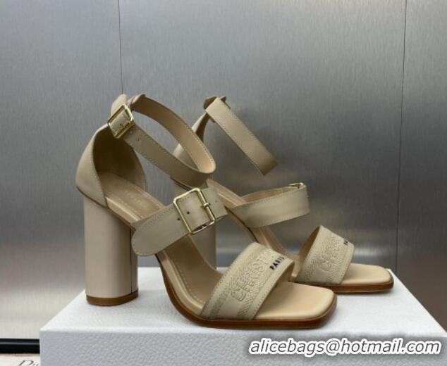 Good Quality Dior Dway Heeled Sandals 9.5cm in Beige Calfskin and Embroidered Cotton 1231065