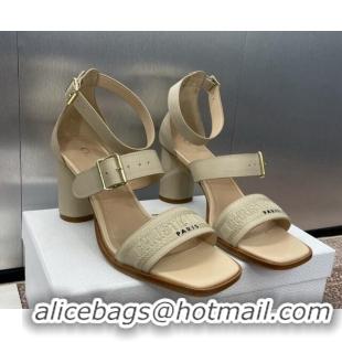 Top Design Dior Dway Heeled Sandals 7.5cm in Beige Calfskin and Embroidered Cotton 1231066