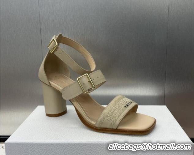 Top Design Dior Dway Heeled Sandals 7.5cm in Beige Calfskin and Embroidered Cotton 1231066