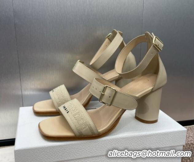 Top Design Dior Dway Heeled Sandals 7.5cm in Beige Calfskin and Embroidered Cotton 1231066